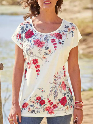 

Crew Neck Floral Loose Vacation T-Shirt, Multicolor, Tees & T-shirts