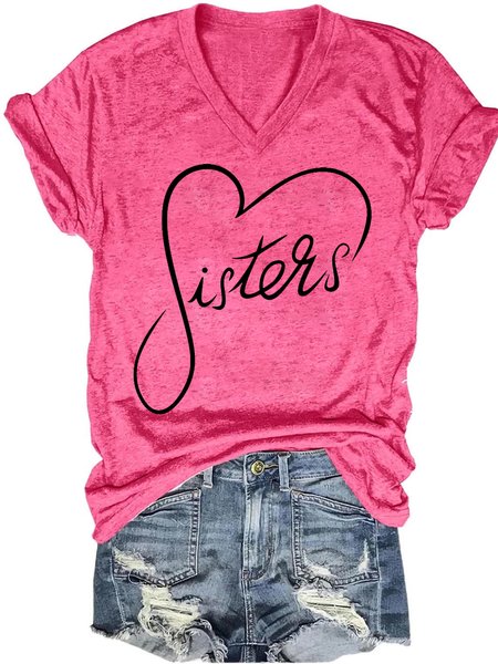 

Womens Sisters Heart Casual V Neck T-Shirt, Pink, T-shirts