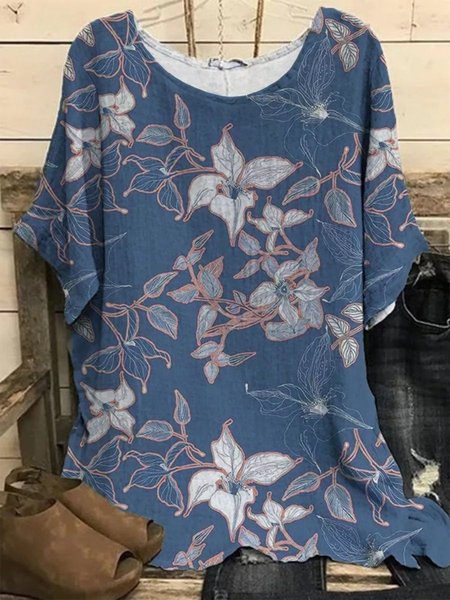 

Crew Neck Floral Tops, Blue, Shirts & Blouses