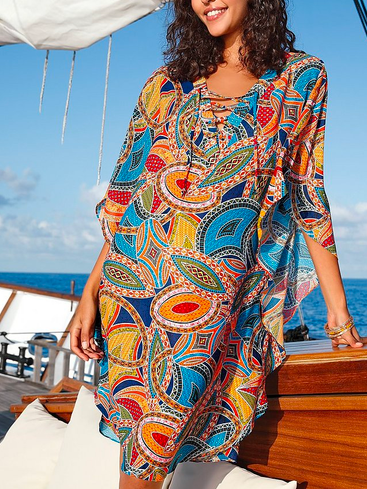 

Loose Vintage V Neck Ethnic Dresses, Multicolor, Dresses