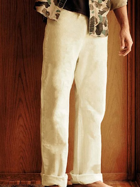 

Cotton and Linen Plain Hawaiian Casual Trousers, As picture, Men's pants
