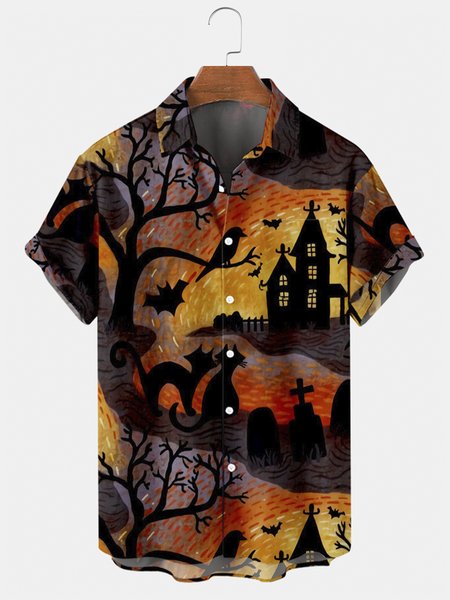 

Mens Halloween Cat Print Short Sleeve Shirt Casual Top, Black, Short Sleeve Shirts