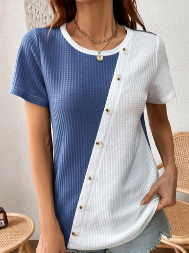 

Casual Plain Split Joint Crew Neck Short sleeve T-Shirt, Blue, Tees & T-shirts