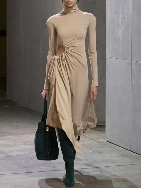 

Elegant Turtleneck Plain Daily Midi Dress, Khaki, Midi Dresses