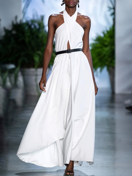 

Elegant Plain Fit Halter Long Dress, White, Midi Dresses