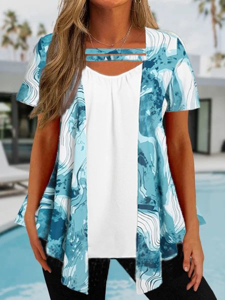 

Casual V Neck Short Sleeve Tops, Cyan, Shirts & Blouses