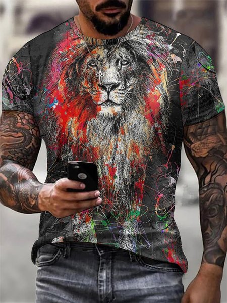 

Men Tie-dye Tiger Crew Neck Loose Letter T-Shirt, As picture, T-shirts