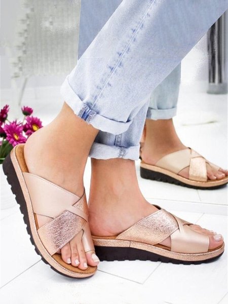

JFN Contrast Cross Strap Thong Slip-On Wedge Slides, Golden, Sandals & Slippers