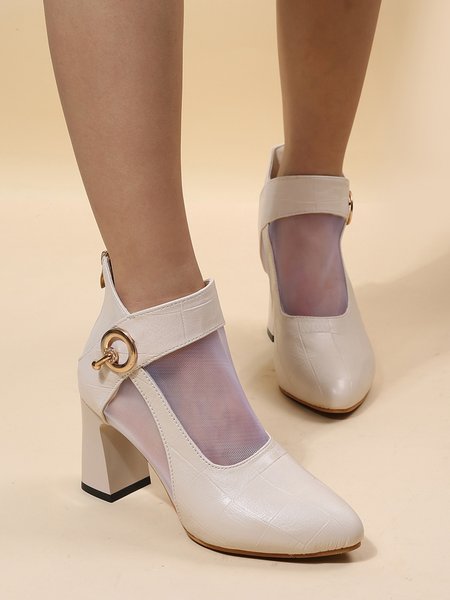 

JFN Metal Rhinestone Round Buckle Mesh Breathable Block Heel Sandals Boots, Beige, Boots