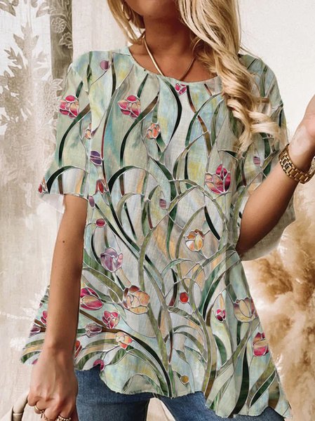 

Flare Sleeve Crew Neck Floral Tops, Multicolor, Shirts & Blouses