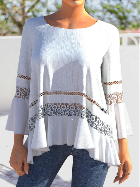 

Plain Crew Neck Casual Loose Tops, White, Tunics