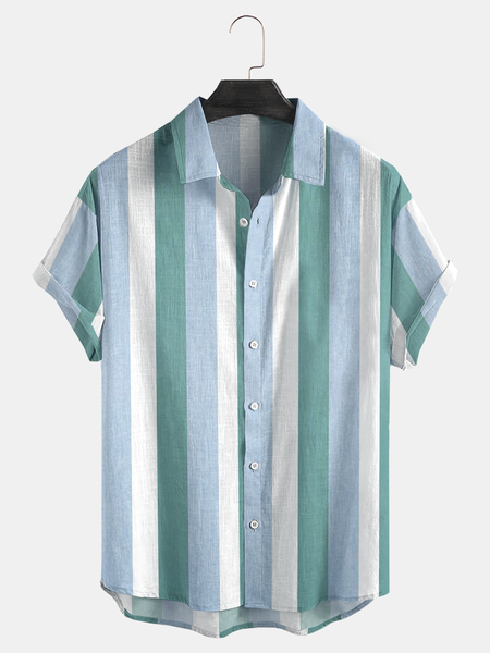 

Cotton Linen Style American Casual Basic Versatile Striped Linen Shirt, As picture, Men's Floral shirt