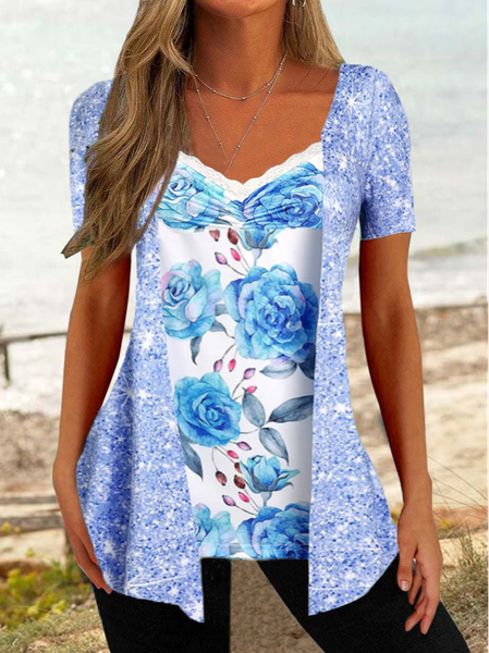 

JFN V Neck Floral Casual Cotton-Blend Fake Two Pieces Tops, Multicolor, Shirts & Blouses