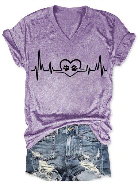 

Women Funny Dog Love Heartbeat Loose V Neck T-Shirt, Purple, T-shirts
