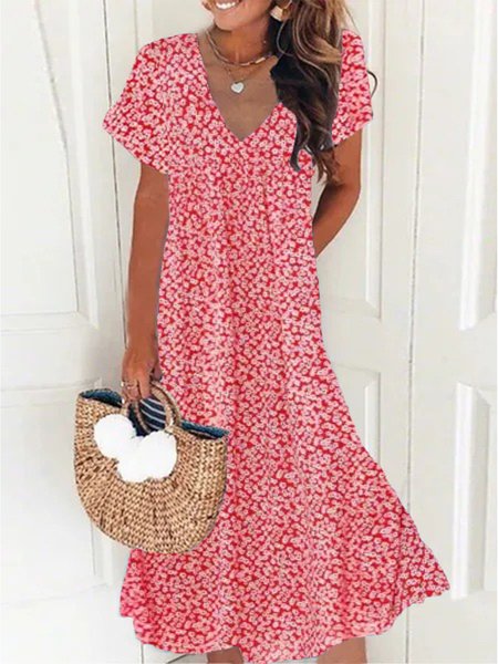 

Casual V Neck Loose Short Sleeve Floral Dress, Red, Dresses