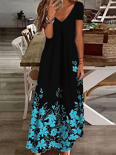 

V Neck Floral Casual Dresses, Black, Dresses