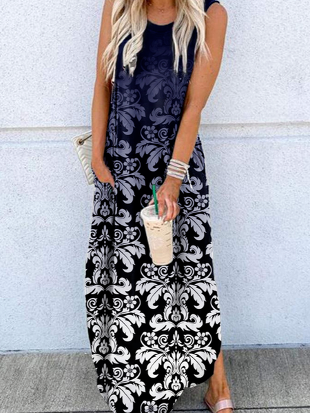 

Ombre Loose Ethnic Crew Neck Dresses, Blue, Dresses