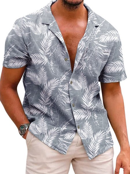 

Men's Plain Cotton Linen Palm Leaf Loose Short Sleeve Shirt, As picture, Shirts ＆ Blouse