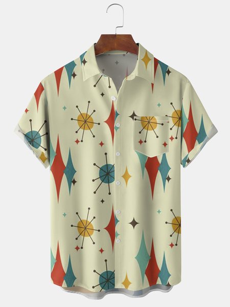 

Men's Abstract Geometric Print Casual Breathable Short Sleeve Shirt, Apricot, Men's Floral shirt