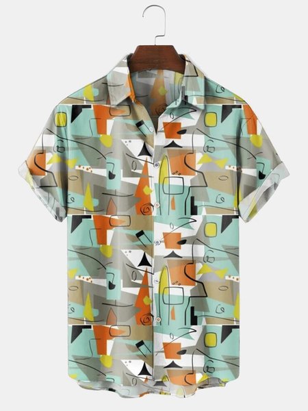 

Men's Geometric Print Casual Breathable Short Sleeve Shirt, Green, Men's Floral shirt