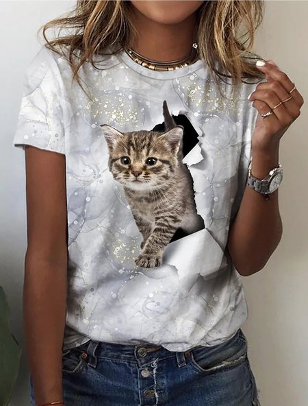 

Animal Crew Neck Fit Off Shoulder Sleeve Blouse, Light gray, T-Shirts