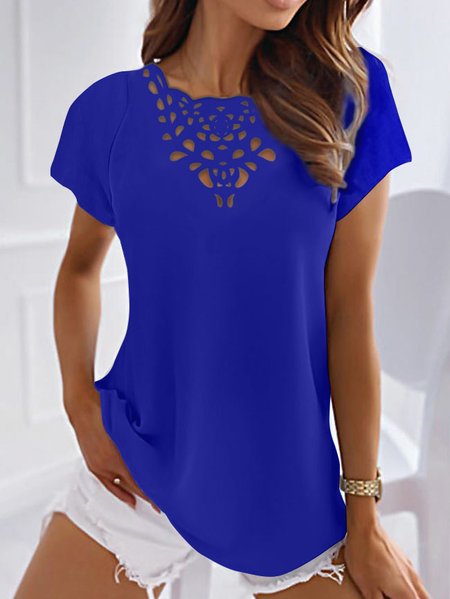 

Spring Summer Plain Casual Hollow Out Design Short Sleeve Tunic Top, Blue, Tunics