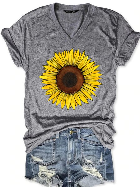 

Womens sunflowers print V Neck Letter T-Shirt, Gray, T-shirts