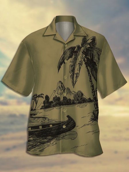 

Men's Coconut Tree Print Casual Breathable Hawaiian Short Sleeve Shirt, Khaki, Men's Floral shirt