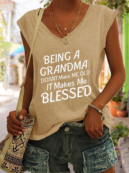 Blessed Grandma Funny Saying V-neck Tank Top, Khaki, Tank Tops