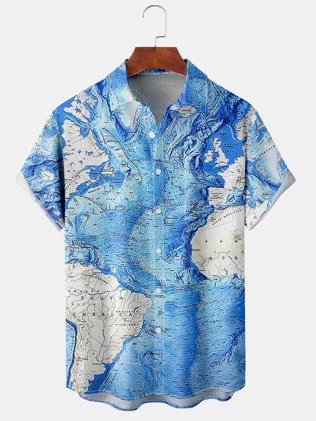 

Men's Map Print Casual Fabric Lapel Short Sleeve Shirt, Blue, Men's Floral shirt
