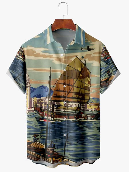 

Men's Ocean Print Moisture Absorbent Breathable Fabric Fashion Hawaiian Lapel Short Sleeve Shirt, Blue, Men's Floral shirt