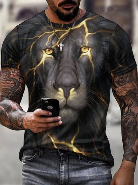 

Men Abstract Art Lions Loose Casual Crew Neck T-Shirt, As picture, T-shirts