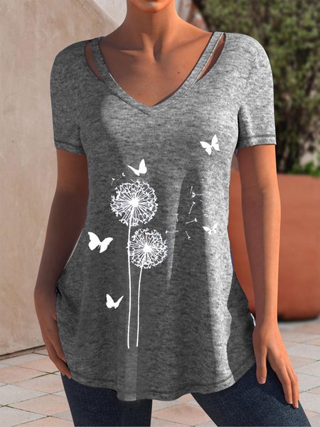 

Casual V Neck Dandelion T-Shirt, Gray, Tunics