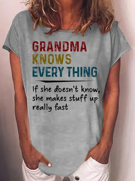 

Womens Funny Grandma Know Everthing Letter Casual T-Shirt, Gray, T-shirts