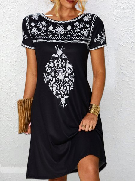 

Vintage Mexican Flower Design Crew Neck Prom Dress, Black, Dresses