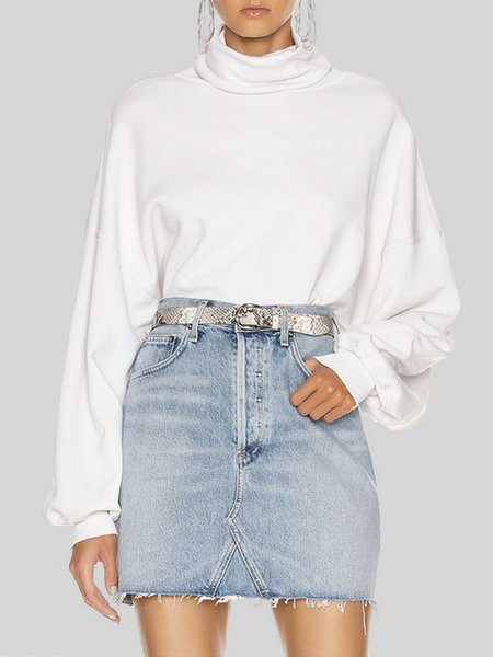 

Turtleneck Lantern Sleeve Plain Daily Fit T-Shirt, White, Tees