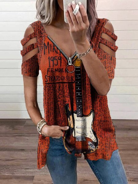 

V Neck Vintage Abstract Zipper T-Shirt, Rust, Shirts & Blouses