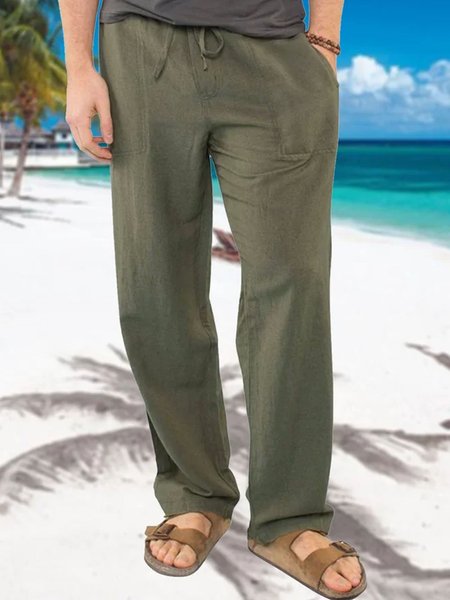 

Cotton and Linen Plain Hawaiian Casual Trousers, Green, Men's pants