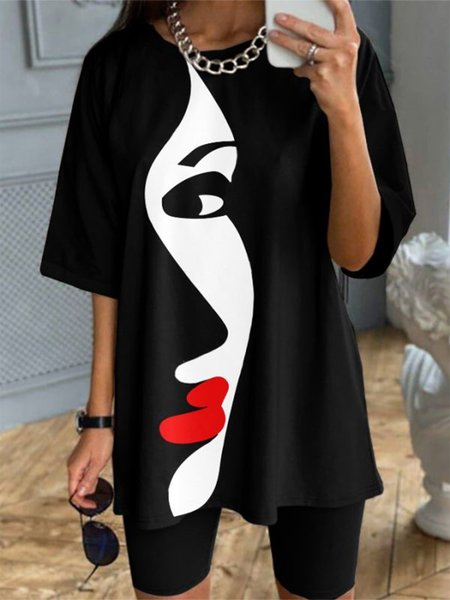

JFN Crew Neck Figure Colorblock Daily Loose Two Piece Sets, Black, Suit Set