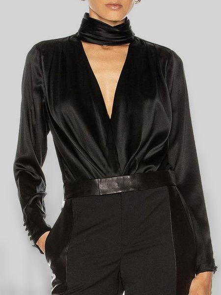 

Long sleeve Daily Plain Stand Collar Top, Black, Tops