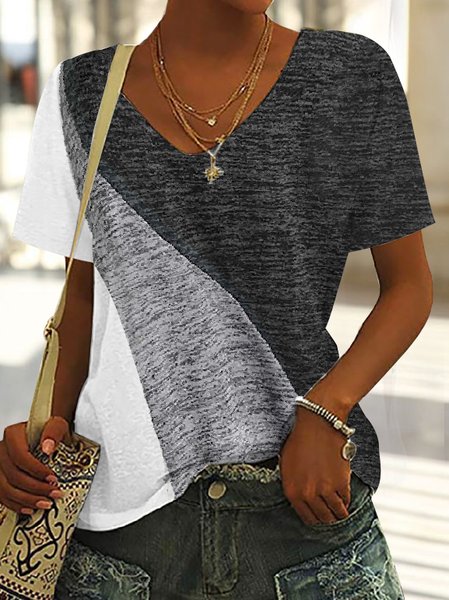 

Casual Multicolor Panel V-Neck Short Sleeve Knit T-Shirt, Black, Tees & T-shirts