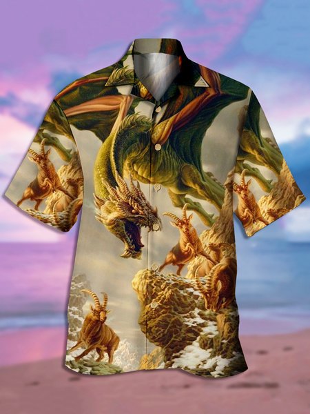 

Men's Animal Print Casual Short Sleeve Hawaiian Shirt, Khaki, Men's Floral shirt