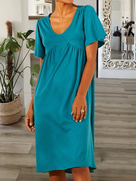 

Plain V Neck Casual Cotton-Blend Dresses, Blue, Dresses