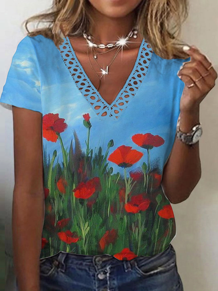 

Casual V Neck Floral T-Shirt, Blue, T-Shirts