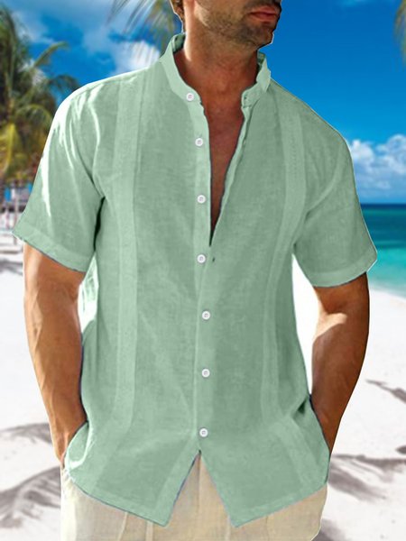 

Men's Cotton Linen Stand Collar Short Sleeve Shirt, Green, Shirts ＆ Blouse