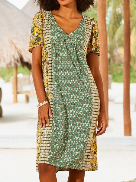 

Ethnic Floral Casual V Neck Fit Dresses, Multicolor, Mini Dresses