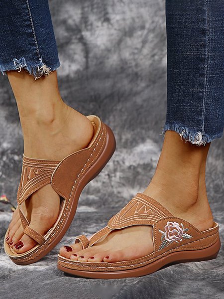 

JFN Floral Embroidered Vintage Casual Thong Wedge Slippers, Brown, Sandals & Slippers