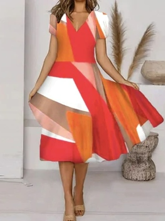 

V Neck Geometric Casual Dresses, Multicolor, Dresses