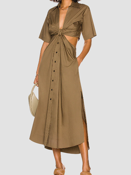 

Summer Short sleeve X-Line Loose Shawl Collar No Elasticity Dresses, Khaki, Maxi Dresses