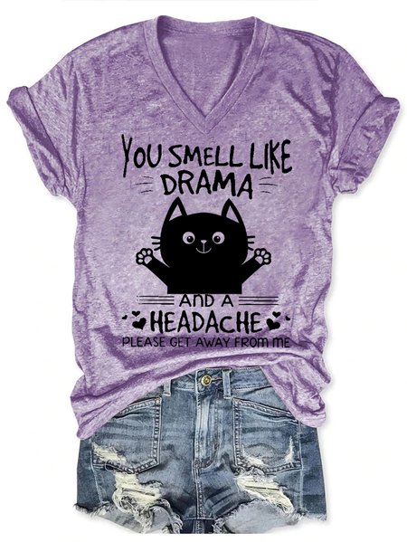 

Women Funny Cat You Smell Like Drama And A Headache Please Get Away From Me V Neck Loose T-Shirt, Purple, T-shirts